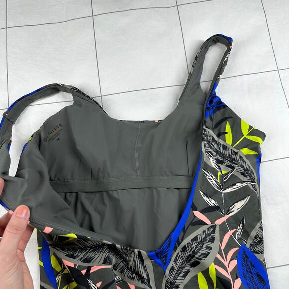Athleta Swimsuit Women Medium Gray Midnight Palm Scoop One Piece Resort Tropical - Picture 9 of 13